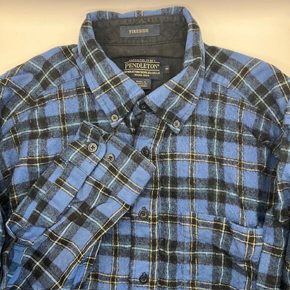 Pendleton Fireside 100% Wool Shirt Mens M Blue Tartan Plaid Button Down - Picture 1 of 9
